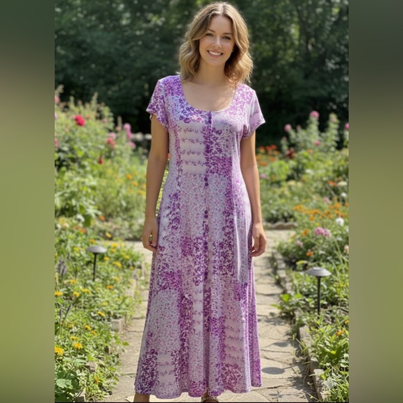 Floral Patchwork Print Maxi Dress Lavender Purple Vintage - Picture 1 of 7